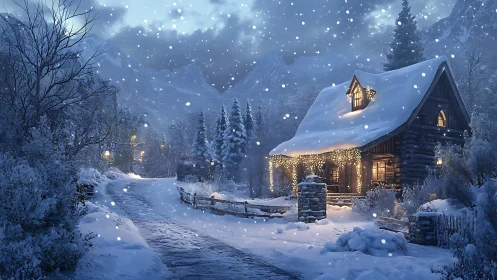 Snowy log cabin glowing warmly in twilight forest snowfall.