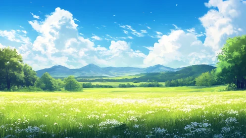 Sunlit meadow and distant mountains under gentle summer sky.