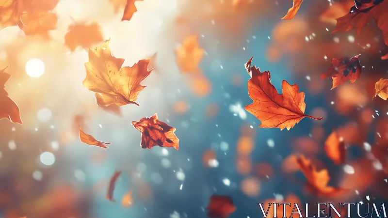 Golden autumn leaves swirling through soft bokeh light.