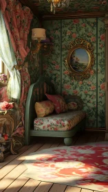 Floral-patterned interior shows daybed, wall art, and rug