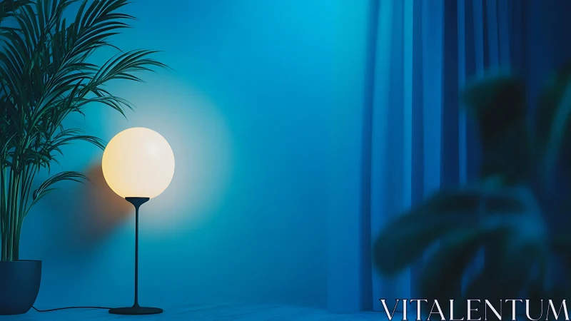 Orb lamp hush beside tropical leaves in blue twilight.