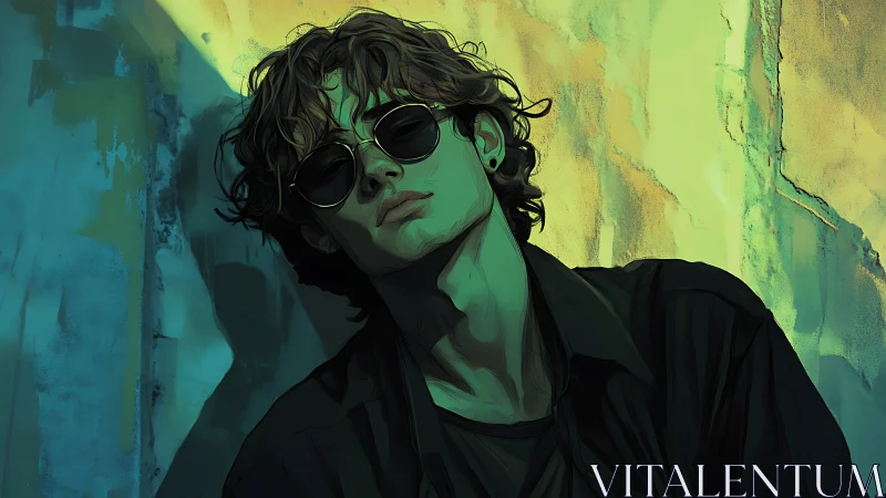 Moody portrait of curly haired youth in teal urban light.