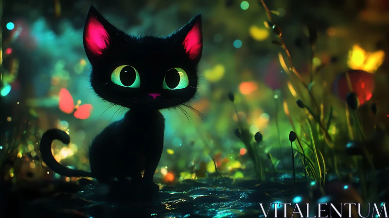 Black Cat with Luminescent Eyes in Enchanted Garden.