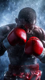 Boxer in Red Gloves Delivers Powerful Punch.