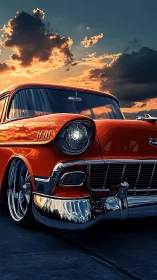 Sunset glow on a classic red cruiser with gleaming chrome.