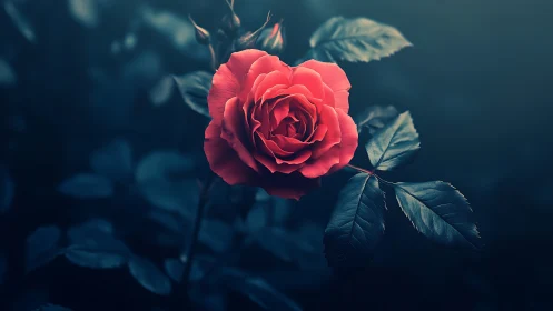 Crimson Rose Blooms Against Moody Teal Background.