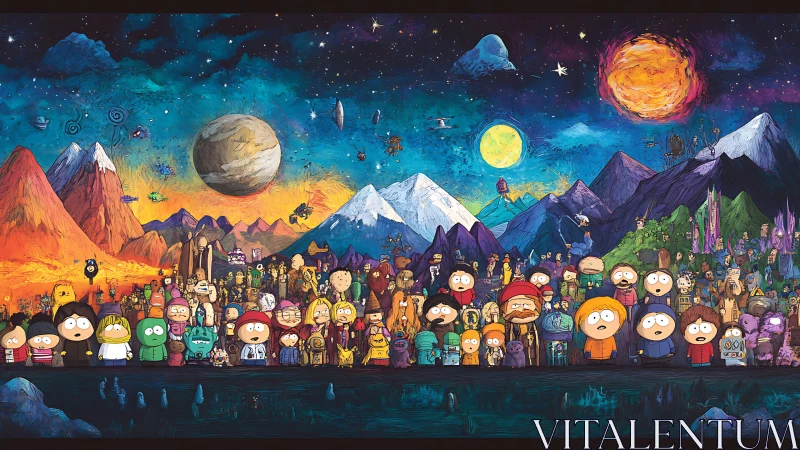 Crowded cartoon ensemble under vivid alien night sky