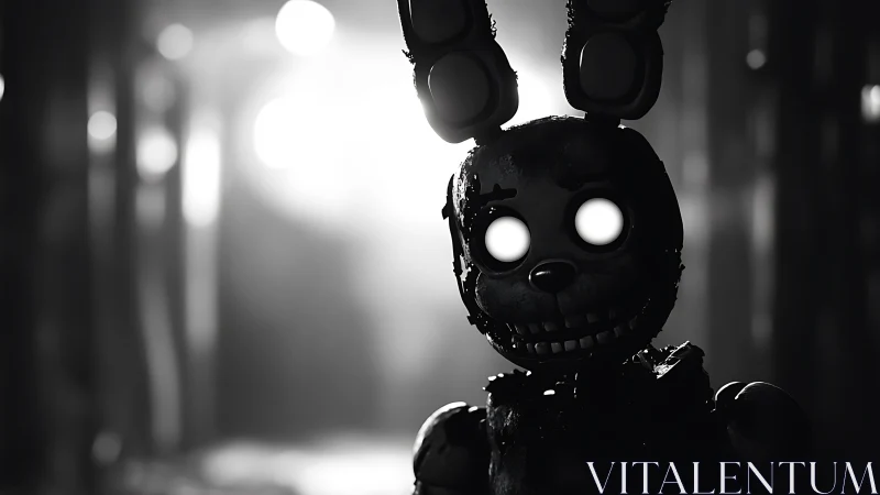 Glowing eyed robot bunny stands in a shadowy hallway scene