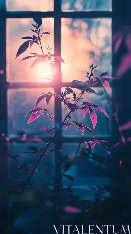 Backlit plant stems intersect window panes at low sun angle