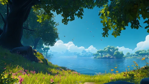 Lush stylized lakeside landscape under vibrant summer sky.