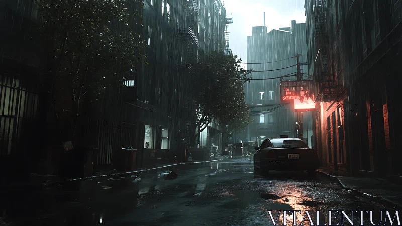 Neon rain drenches deserted city alley and lone taxi.