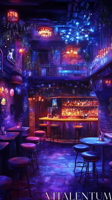 Neon-lit cyberpunk bar interior glows with vibrant purple light