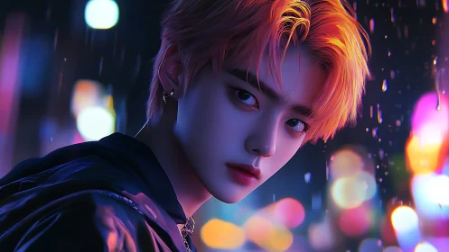 Neon lit portrait of androgynous youth in rainy night city.