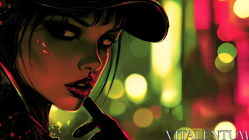 Neon-lit femme fatale in moody cyberpunk portrait at dusk.