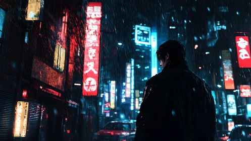 Midnight wanderer pauses under neon rain in the glowing city