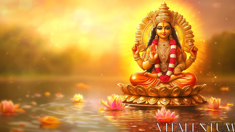 Golden seated deity on lotus pedestal over reflective water.