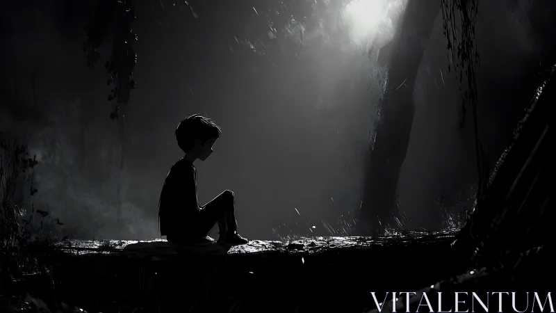 Solitary child rests in moonlit rain within a shadowed forest.
