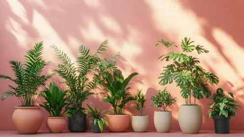 Sunlit potted greenery against a soft peach wall glow.