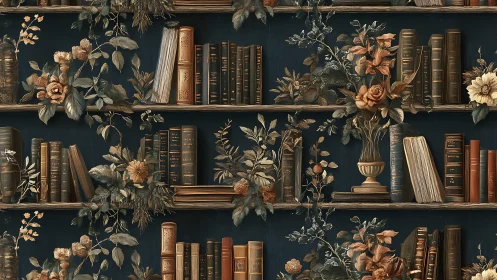 Bookshelves with vintage volumes and botanical arrangements are shown