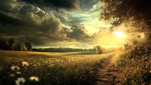 Dramatic sunset over rural field and winding dirt path.