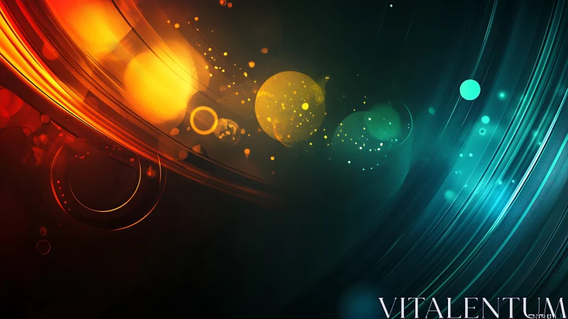 Bicolor luminous arcs with floating bokeh orbits in motion.