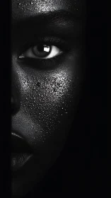 Monochrome eye closeup reveals glistening wet skin texture.