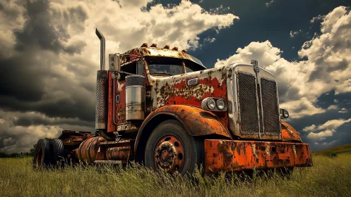 Corroded diesel tractor under convective cumulonimbus sky.