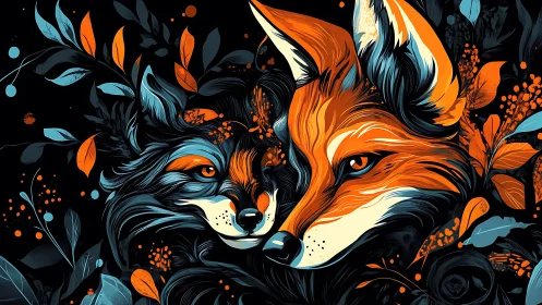 Vibrant twin fox portraits glow amid stylized midnight foliage