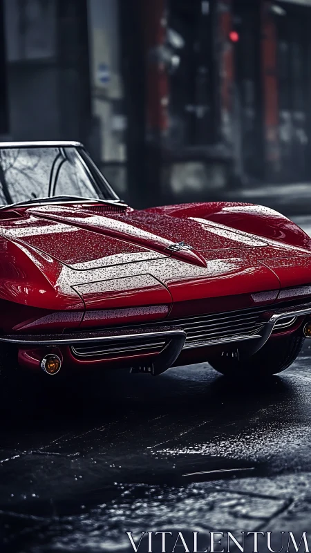 Hydrophobic gloss on red classic roadster in wet urban alley.