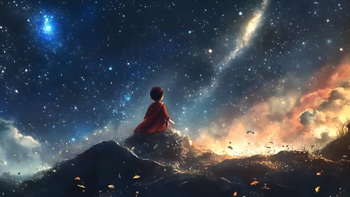 Stargazing child on a cosmic hill beneath whispering galaxies.