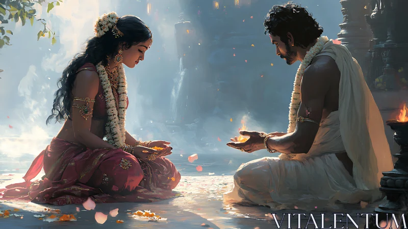 Devotional Indian couple exchanging oil lamps in soft volumetric light