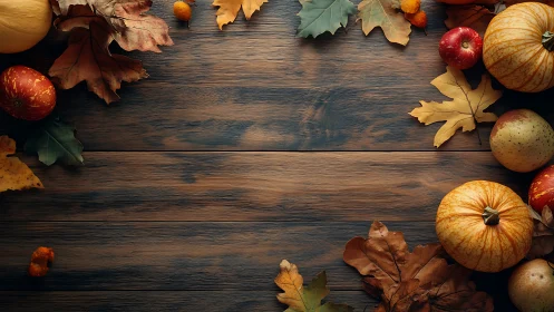 Autumn gourds frame rustic wooden table with warm bokeh light
