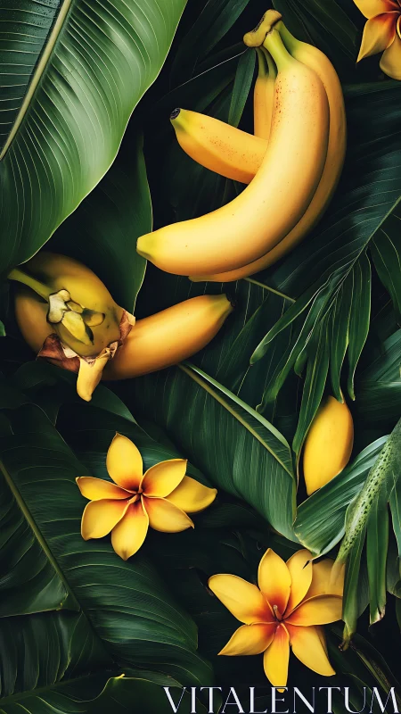 Ripe bananas and plumeria on layered tropical foliage.
