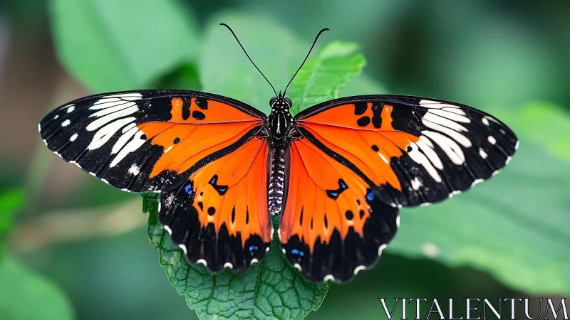 Macro study of orange-black butterfly on green leaf, dorsal view