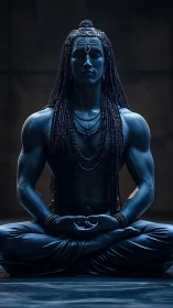 Blue meditative deity statue in serene cross-legged pose.