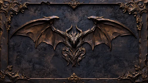 Embossed bronze demonic dragon relief with outstretched wings