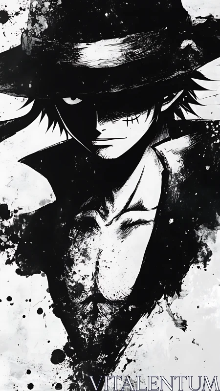 Ink-splattered anime swordsman emerges from stark shadows