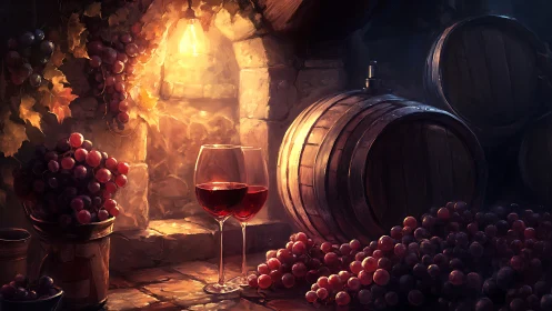 Warm cellar scene shows wine barrels, grapes and rim-lit glassware