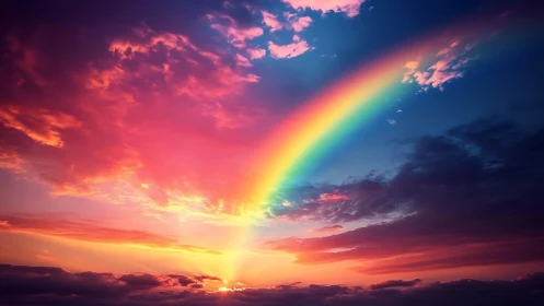 Spectral arc across chromatic sunset cloud architecture.