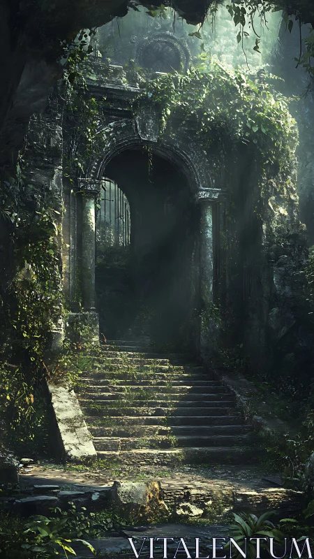 Vine-draped stone stairway into a forgotten jungle portal.