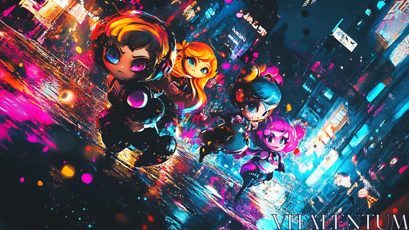 Neon chibi heroes sprint through cyberpunk rain city streets.