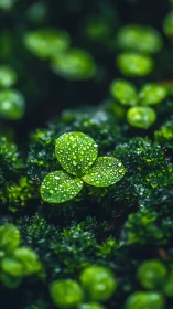 Macro clover leaf with morning dew on lush green moss.