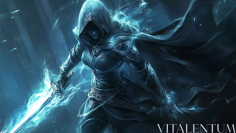 Hooded spectral warrior with glowing sword in motion.