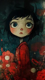 Wide-eyed girl wandering through restless crimson blooms.