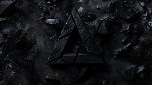 Dark geometric triangle emblem on shattered black stone background.