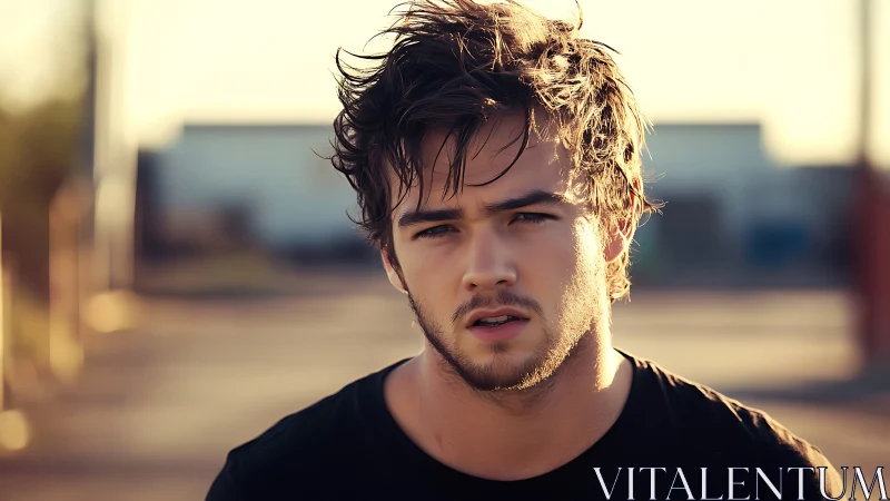 Backlit young man in shallow depth of field urban portrait