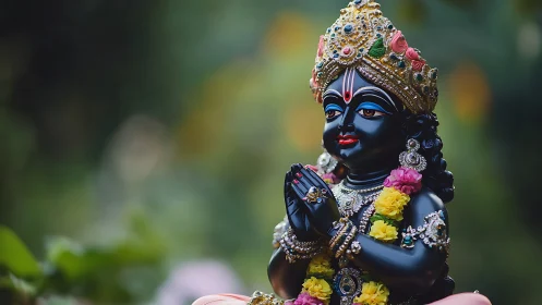 Joyful black stone deity statue in colorful floral adornment.