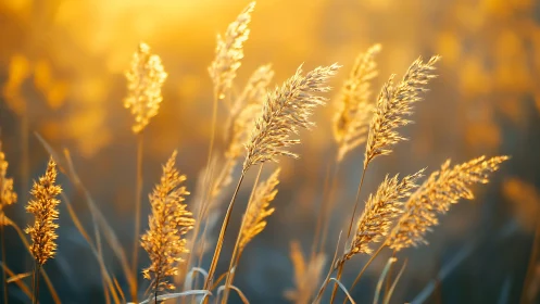 Backlit tall grass seed heads in warm sunset field scene.