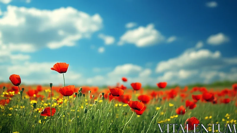 Red poppy field under vivid blue sky with soft clouds.