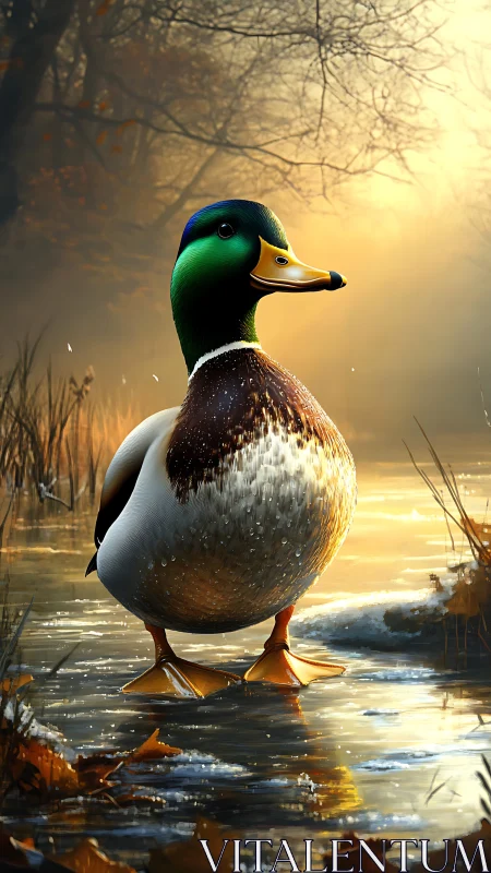 Photorealistic mallard on frozen pond in golden backlight.